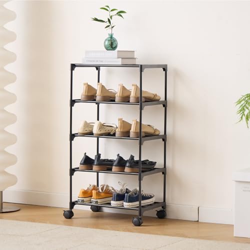5-Tier Small Shoe Rack with Wheels, Slide-Out Metal Shoe Racks Storage, Anti-Rust Coating, Stackable Design - 16.9W for Entryway, Kitchen, Living Room & Office - Black