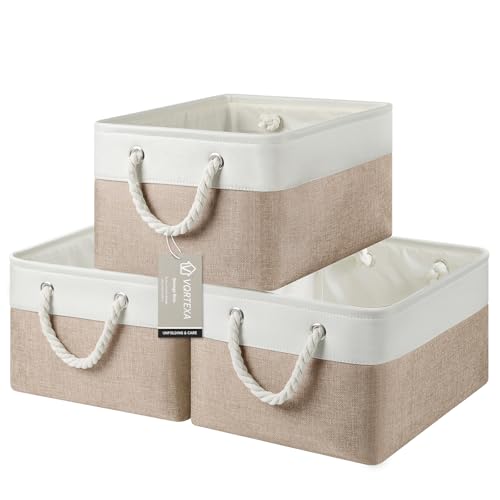 Large Storage Baskets- 15.7x11.8x8.26 inch Storage Bins for Shelves and Closet Organizing, Foldable Fabric Bin for Home Organization Clothes and Laundry (3-Pack, White&Khaki) - color: WhiteKhaki, size: 15.7inX11.8inX8.26in-3P