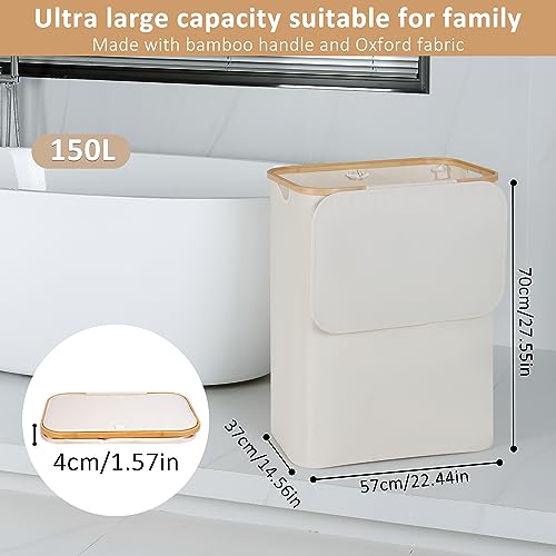 iEGrow 150L Laundry Basket with Lid, Large Laundry Hamper with Bamboo Handle, Collapsible Dirty Clothes Hamper Organizer with 2 Removable Inner Bags for Clothes Toys Towels - Beige - color: Beige, size: 150L
