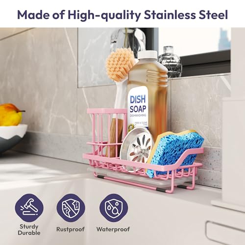 SWTYMIKI Sink Caddy Sponge Holder - Kitchen Sink Organizer with High Brush Holder for Countertop to Hold Dish Soaps and Sponges, Stainless Steel, Pink - color: Pink, size: Medium