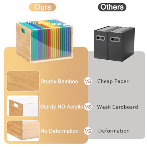 Sbanmao Clear Acrylic File Box Organizer, Bamboo Hanging Folder Storage Boxes, Filing Crate Bin Holder with Handle for Home Office Desk, Letter Size - color: Clear, Natural, size: Letter Size