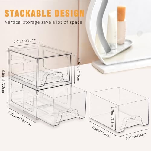 Stebopum 6 Pack Stackable Makeup Organizer, 4.4'' Tall Acrylic Bathroom Makeup Organizer and Storage Drawer with Pull-out Handle, Clear Plastic Storage Bins for Vanity,Pantry,Desk,Undersink,Kitchen - style: 6pack Small