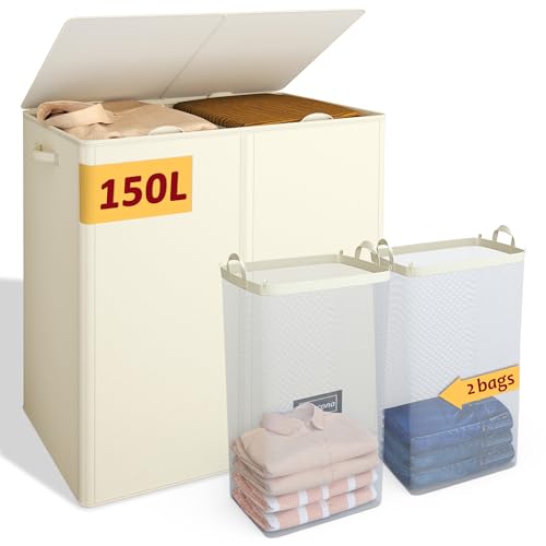 150L Laundry Hamper 2 Section, Large Laundry Hamper with Lid, Dirty Clothes Hamper with 2 Removable Inner Bags, Collapsible Laundry Basket Organizer for for Clothes Toys Towels, Hamper 2 Compartment - color: Beige, size: 150L