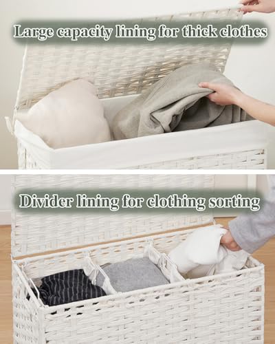SETVSON Laundry Hamper with Lid Laundry Basket 132 L (35 Gal) Wicker Clothes Hamper, Handwoven Rattan Hamper with Handles and 4 Removable Liner Bags, 6 Mesh Bags for Laundry Bedroom White - color: White, size: 35.0 Gal