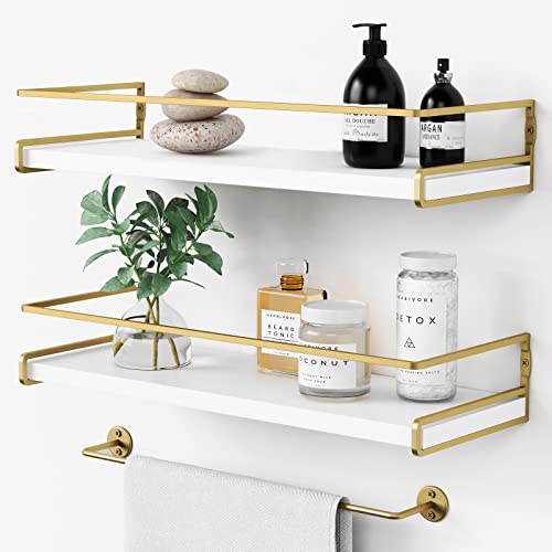 Forbena Floating Bathroom Shelves Wall Mounted, Aesthetic White and Gold Shelves for Bathroom Accessories, Modern Bathroom Organizer with Tower Bar for Wall Decor Storage Small Spaces, Set of 2 - color: 1. White-gold