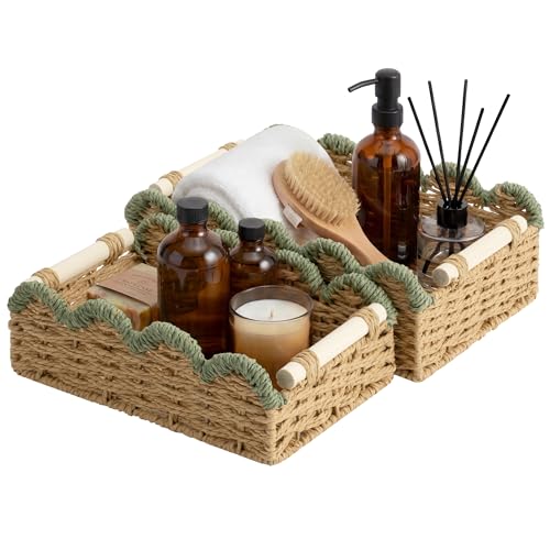 StorageWorks Toilet Paper Basket 2 Pack, Toilet Tank Basket with Wooden Handles, Small Wicker Decorative Scalloped Baskets for Organizing, Bathroom Storage, Green Rope - color: Paper Rope(Green), size: 11¾" L × 7¾" W × 4" H
