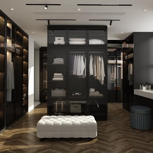 Hitow Glass Display Cabinet with LED Lights, Modern Curio Cabinet with Glass Doors, Tall Glass Display Case with Hanging Rod & 5 Tiers Shelf, Large Black Storage Organizer for Collectibles, 47.2" W - color: 3 Door - Black