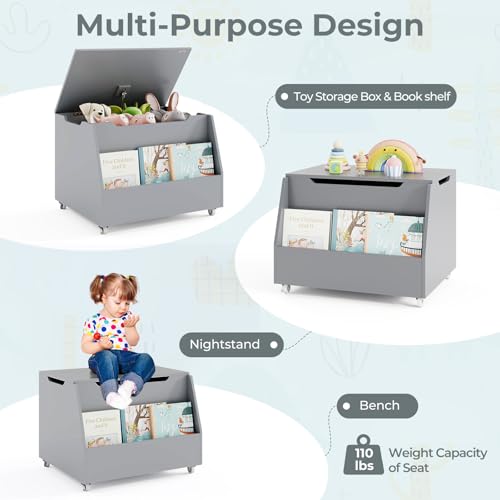Costzon Kids Toy Box, Wooden Toy Storage Organizer for Girls Boys, Toy Storage Chest Bench for Toddler Room, Playroom, Bedroom, Living Room, Nursery (Classic, Gray) - color: Gray, style: Classic