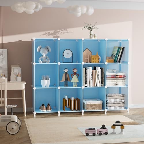 AWTATOS Cube Storage Organizer Protable Closet Organizers and Storage for Kids DIY Stackable 12 Cube Storage Shelves Clothes Organizer for Bedroom, Home, Blue - color: Blue