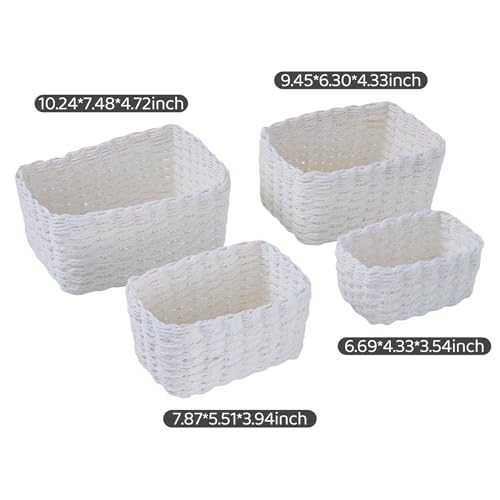 4PCS Woven Storage Baskets Set, Small Baskets for Organizing, Square Handwoven Paper Rope Organizer Bins for Shelves and Home Storage (White) - color: white