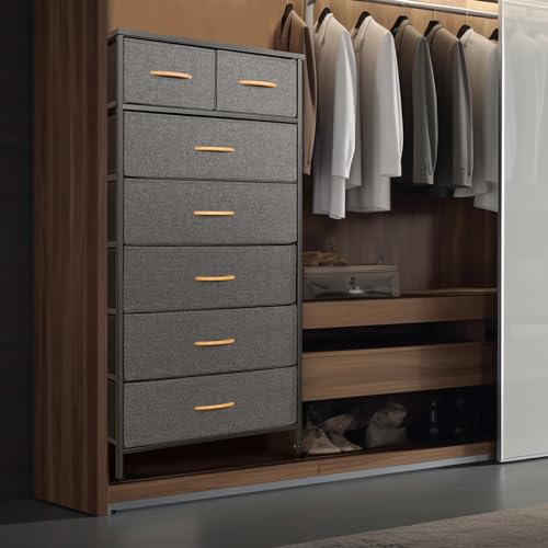 Mifuro Tall Dresser for Bedroom, Vertical Storage Organizer Tower with 7 Drawers, Chest of Drawers with Fabric Bins, Steel Frame, Wood Top for Bedroom, Closet, Entryway- Grey - color: Grey, size: 7 Drawers