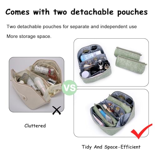 BOYATU Travel Makeup Bags Cosmetic Organizer Bag: 3-Set Large Capacity Make up Bag - PU Leather Toiletry Bags for Women - Wide Open Portable Pouch with Divider & Handle (02-Light Green) - color: 02-Light Green