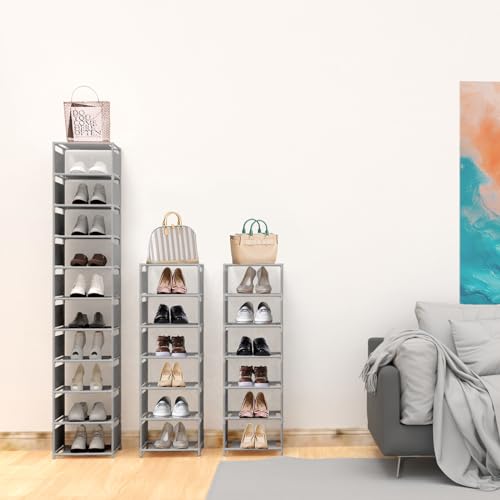 10 Tier Vertical Shoe Rack - Grey Narrow Shoe Rack for Closet & Entryway, Space Saving Tall Shoe Organizer for Small Spaces, Sturdy Skinny Shoe Tower Stand for Boots & Heels, Grey - color: Grey