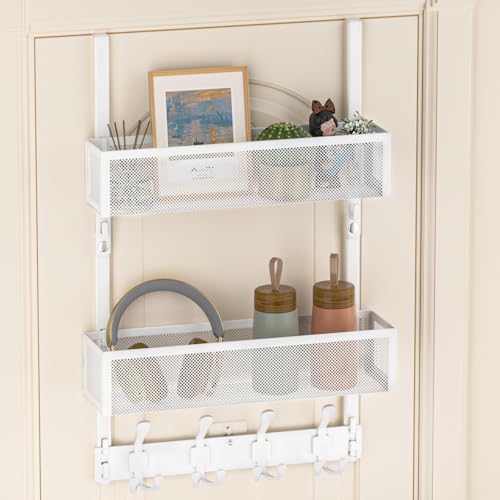Over The Door Hooks Organizer, Door Hanger Towel Rack with 2 Baskets, Adjustable Over The Door Coat Rack, Back of Door Storage for Bedroom, Kitchen, Bathroom (White) - color: White, size: 2 Baskets