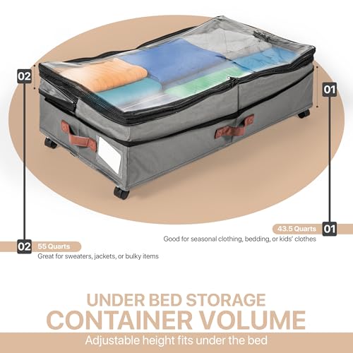 Expandable Under Bed Storage with Wheels 2 Pack – Large Under Bed and Closet Storage - Expandable Storage Bins with Lid & Dividers, Low Profile Storage Solution for Clothes, Shoes Great for Dorm Rooms