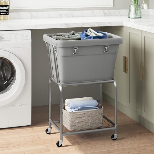 ELYKEN Rolling Laundry Hamper with Wheels, Laundry Cart with Removable Bag, Heavy Duty Metal Frame, 2-Tier Clothes Basket Hamper with Shelf for Closet, Bedroom, Bathroom, Laundry Room, Gray - color: Gray, size: 20.3"l X 15.9"w X 30.9"h