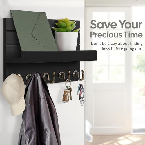 HONJIN Key Holder for Wall: Easy Installation Mail Organizer Wall Mount Hanging Key Rack for Kitchen and Entryway Decor with 5 Sturdy Key Hooks (Black) - color: Black