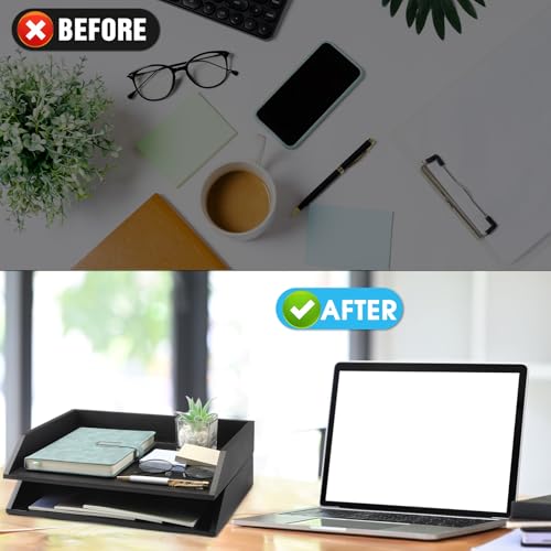 Beeveer 2 Pcs Wooden Letter Tray Wood Letter-Size Desk Organizer Heavy Duty 2 Tier Stackable Support Paper Tray Desktop Drawer File Folder Magazine Office Accessories Back to School(Black) - color: Black