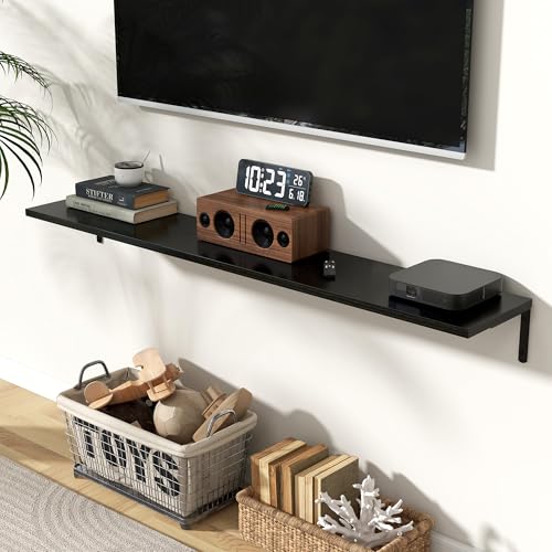 Fun Memories Deep Floating Shelves, 55W x 8D Floating Shelves Set of 2, Wall Mounted Shelf with Metal Brackets, Rustic Wood Wall Shelf for Bathroom, Kitchen and Living Room, Black - color: Black- L Bracket, size: 55"W x 8"D