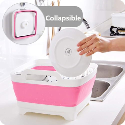 FOSJGO 2.4 Gal(9L) Collapsible Dish Basin with Drain Plug,Space Saving Multiuse Foldable Sink Tub,Dishpan,Kitchen Sink for Camping,Plastic Tub,Vegetable Washing,RV… - color: Pink