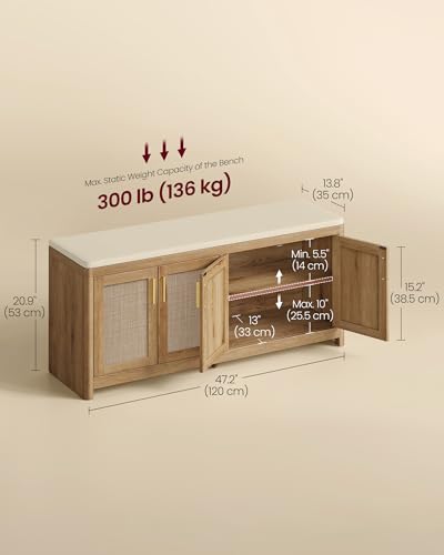 VASAGLE ELLAN Collection - Boho Shoe Bench with Cushion, Entryway Storage Bench with 4 Rattan-Look Cabinet Doors, Rounded Corners, Adjustable Shelf, for Bedroom Under Window, Natural Brown ULSB502KC01 - color: Natural Brown, size: 13.8"D x 47.2"W x 20.9"H