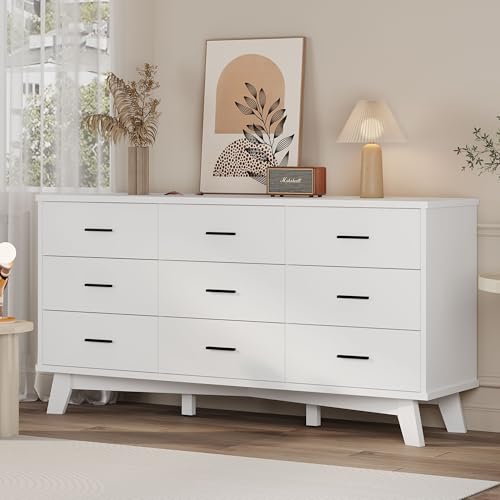 Xixini Dresser for Bedroom, 9 Drawer Wide Modern Chest of Drawers with X-Shaped Sturdy Base, Wood Double Dresser Closet Clothes Storage Organizer, Wooden TV Stand for Living Room, Hallway, White - color: White, size: 15.6"D x 59.1"W x 29.5"H (9 Drawers)