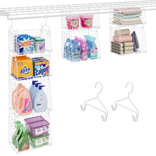 4-Tier Hanging Laundry Room Organizer: Foldable Wire Shelf Basket with 2 Large Hooks 1.65" & 360°Rotating Hooks – Space-Saving Laundry Storage Basket, for Wardrobe Closet Storage, White Patent - color: White, size: 4-Pack 13.7*11*51inch
