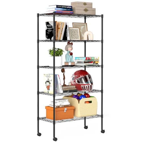 BestOffice | 5-Tier Wire Storage Shelves with Wheels | 14 x 30 x 61 | Black | with Adjustable Racks | Heavy-Duty Metal Shelf, Holds Upto 1250 lbs | No-Tool Assembly | Ideal for Home & Garage Shelving - color: Black, size: 14"D x 30"W x 61"H