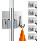 5 Pack Heavy Duty Mop and Broom Holder Wall Mount, No Drill Self Adhesive Stainless Steel Hanger with Hooks, Anti-Slip Tool Organizer for Bathroom, Kitchen, Garage, Laundry Room (5, Silver) - color: Silver-5