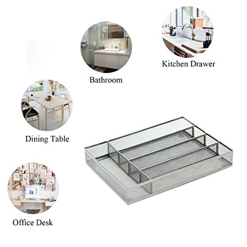 JANE EYRE Drawer Organizer, Cutlery Tray Silverware Flatware Storage Divider for Kitchen, Mesh Wire with Non-slip Foam Feet, 5 Component, Silver - color: Silver