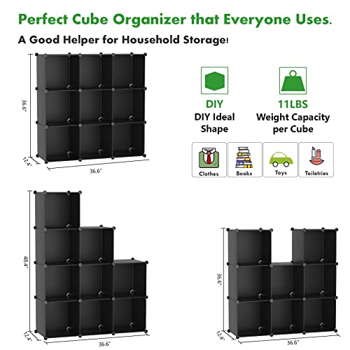 C&AHOME Cube Storage, 9-Cube Bookshelf, Plastic Closet Cabinet Organizer, DIY Stackable Bookcase, Modular Shelving Units Ideal for Home, Office, Kids Room, 36.6" L x 12.4" W x 48.4" H Black SHS3009A - color: Black