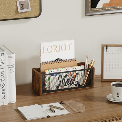 YINMIT Mail Organizer Countertop, Mail Holder with 2 Slots, Mail Holder for Desk, Desk Mail Organizer, Mail Basket for Wall Table Countertop, Envelope Holder for Home Office - color: Rustic Brown