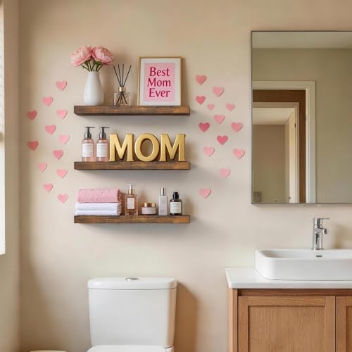 BAYKA Bathroom Floating Shelves for Wall Set of 3 - Rustic Brown Farmhouse Wood Shelves Over Toilet for Bedroom, Kitchen, or Living Room Decor Display, Storage for Plants, Toilet Paper or Bath Towels - color: B. Rustic Brown - Americana Farmhouse Style, s