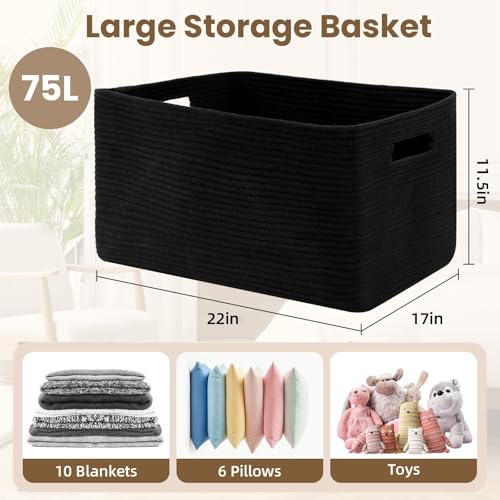 Optish 75L Blanket Basket, Large Woven Baskets for Storage, Blanket Storage for Living Room, Rope Basket with Handles for Bedroom, Nursery, Toys, Clothes, 22” x 17” x 11.5”, Black - color: Black, size: 22" x 17" x 11.5"(75L)