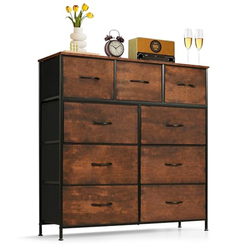 9-Drawer Dresser for Bedroom, Anti-Tip Tall Storage Organizer Chest of Drawers with Wooden Top and Metal Frame Fabric Bins for Closet, Living Room, Hallway, Entryway, Brown - color: Brown, size: 11.8"D x 39.4"W x 40"H (9 Drawers)