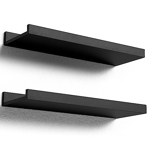 Boswillon Floating Shelves Wall Mounted Set of 2, Modern Black Wall Shelves for Storage with Lip, Display Picture Ledge Shelf for Wall Decor Bedroom Living Room Bathroom Kitchen - color: Black, size: 15.7 In