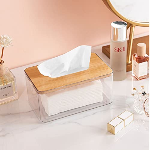 Clear Tissue Holder, Acrylic Dryer Sheet Dispenser Box with Bamboo Lid, Transparent Container, Minimalist Design. Tissue Organizer for Laundry, Living Room, Bathroom, Bedroom, Medium Size