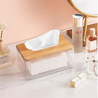 Clear Tissue Holder, Acrylic Dryer Sheet Dispenser Box with Bamboo Lid, Transparent Container, Minimalist Design. Tissue Organizer for Laundry, Living Room, Bathroom, Bedroom, Medium Size