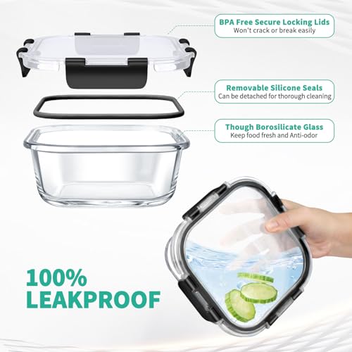 34pcs Glass Food Storage Containers with Lids Set, Airtight Glass Meal Prep Containers (17 Containers & 17 Lids), Leak Proof Lunch Container BPA-Free, Microwave, Oven, Freezer, Dishwasher Safe-Black - color: Black