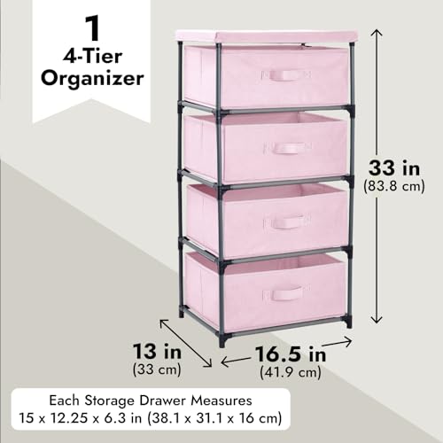 Juvale 4-Tier Dresser for Bedroom - 16.5 x 13 x 33 in, Pink, Modern - Closet Dresser with 4 Fabric Drawers for Clothes & Bedroom Storage - color: Pink