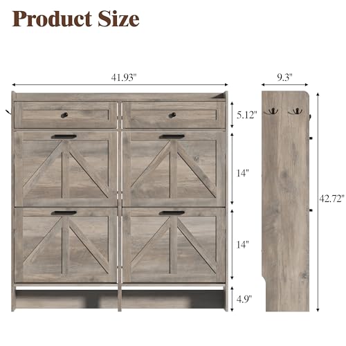 Thacuok Shoe Cabinet with 4 Flip Drawers & 2 Storage Drawers, Rustic Farmhouse Narrow Shoe Organizer Cabinet, Slim Shoe Rack Cabinet, Shoe Storage Cabinet for Entryway, Hallway, Front Door - color: Grey, size: 4 Drawers