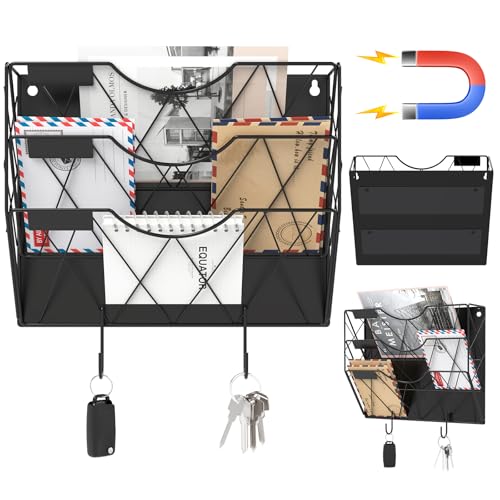 Patvingot Magnetic File Holder for Refrigerator & Cabinets | No-Drill Wall Mount Organizer | 3-Tier Vertical Mail & Magazine Holder for Office/Home (Black, Space-Saving Design)