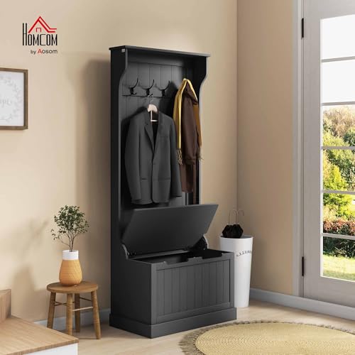 HOMCOM Hall Tree with Bench and Shoe Storage, 3-in-1 Entryway Bench with Coat Rack, 4 Hooks and Flip Top Storage Compartment, Black - color: Black, size: 28"