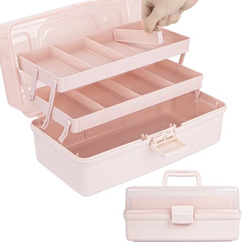 TERGOO 14in 3-Layer Multipurpose Craft Organizers and Storage with Adjustable Dividers, Portable Tackle Box, Folding Art & Craft Case for Medicine, Tool, Sewing Organizer (Pink, X-Large) - color: Pink, size: X-Large