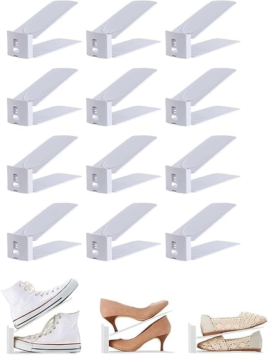 HYGRAD® 12 Pack Shoe Organiser Slots 3 Level Height Adjustable Shoe Organising Holders Space Saving For Shoes Suitable For All Shoes Shoe Rack Organiser (White) - color: White