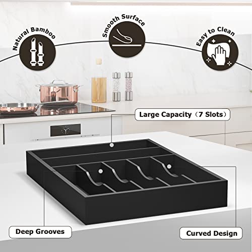 Utensil Organizer Silverware Drawer Organizer - 7 Slots Bamboo Silverware Tray For Kitchen Cutlery Office Supplies Makeup Desk Storage Garage Tool Organization W13”x L17” (Black) - color: Black, size: 7 Slot