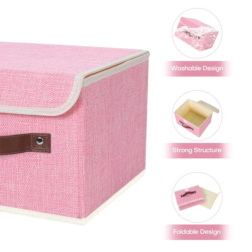 ANMINY 2PCS Storage Bins with Lid PU Leather Handles Storage Boxes PP Plastic Board Decorative Foldable Lidded Cotton Linen Fabric Home Cubes Baskets Closet Organizer Containers - Pink, Small Size - color: Pink, size: Small (Pack of 2)