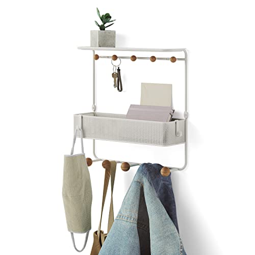 Umbra Estique Entryway Organizer Storage Solution with Cubby Bin, Shelf and Hooks for Keys, Mail, Glasses, Wallet, Purse, Hat, and More, White - size: Large
