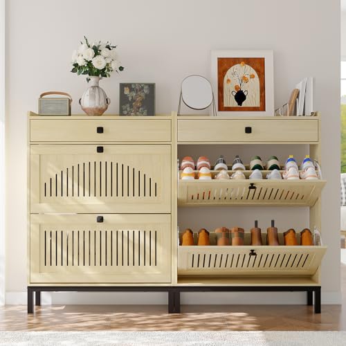 2-Door Flip Front Shoe Cabinet with Adjustable Shelves – Hidden Entryway Storage Organizer for Hallway, Foyer, Living Room – Freestanding Wooden Shoe Rack with Large Capacity & Modern Design, Natural - color: Natural Oak, size: 9.45"D x 31.4"W x 43.4"H