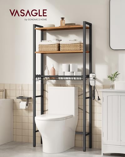VASAGLE Over the Toilet Storage, Over Toilet Bathroom Organizer with Adjustable Shelves and Basket, 3 Hooks, Space Saving, 9.4 x 23.6 x 63 Inches, Rustic Brown UBTS113KD01S - color: Rustic Brown, style: 3 Tiers (63" H)